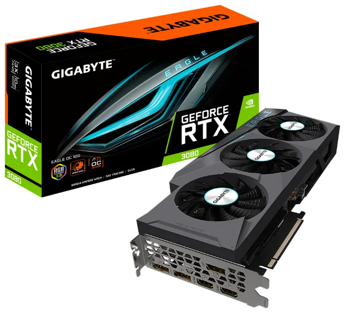 Видеокарта GigaByte, GeForce RTX 3080 Eagle OC 1755MHz PCI-E 4.0 10240MB 19000MHz 320 bit 2xHDMI 3xDisplayPort HDCP GV-N3080EAGLE OC-10GD
Видеокарта GigaByte, GeForce RTX 3080 Eagle OC 1755MHz PCI-E 4.0 10240MB 19000MHz 320 bit 2xHDMI 3xDisplayPort HDCP GV-N3080EAGLE OC-10GD