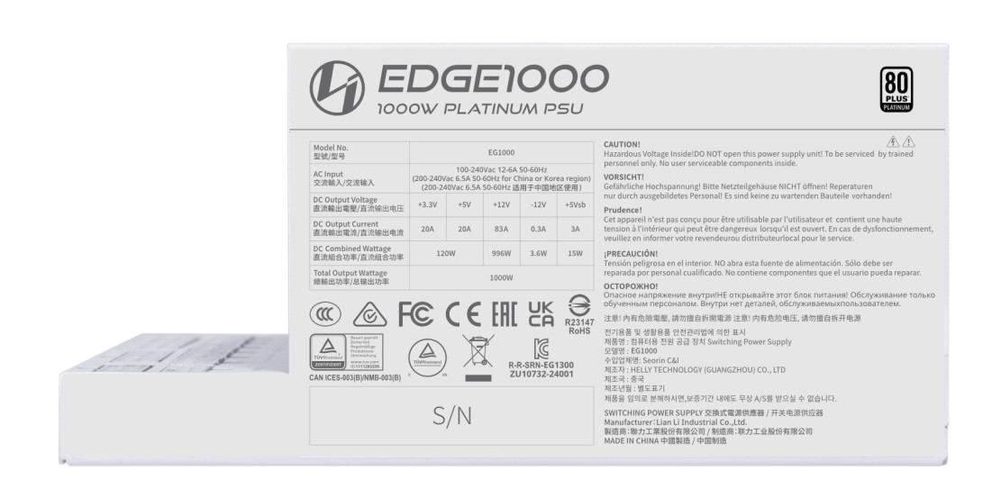 LIAN LI EDGE 1000W ATX3.1 80+ Platinum EG1000 WHITE