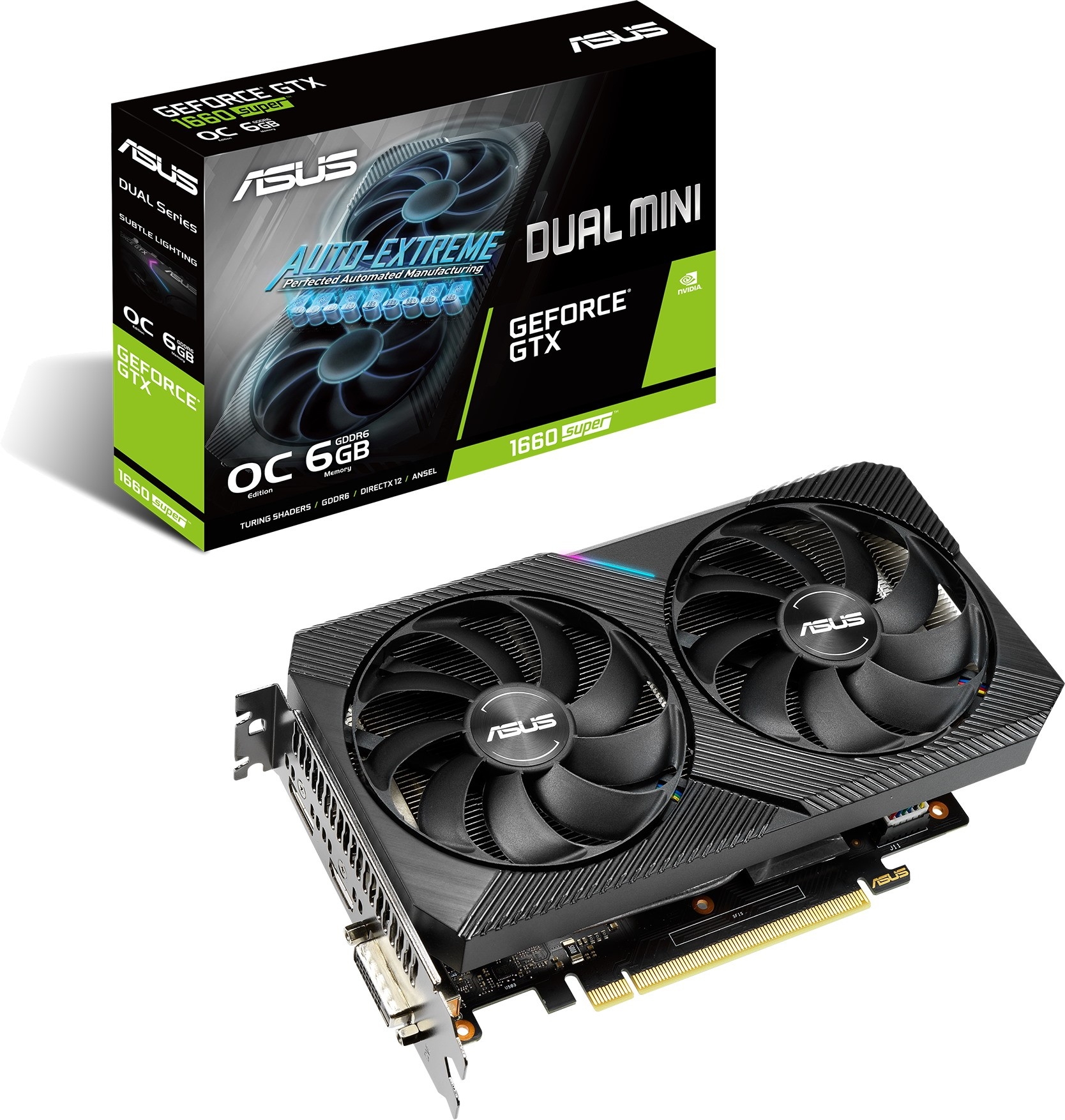 

Видеокарта ASUS, GeForce GTX 1660 SUPER DUAL MINI OC 1860MHz PCI-E 3.0 6144MB 14000MHz 192 bit DVI HDMI DisplayPort DUAL-GTX1660S-O6G-MINI