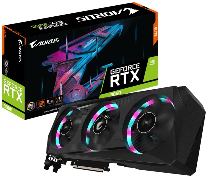 

Видеокарта GigaByte, GeForce RTX 3060 AORUS ELITE 12G V2.0 LHR 1‎867MHz PCI-E 4.0 12288MB 15000MHz 192 bit 2xHDMI 2xDisplayPort HDCP GV-N3060AORUS E-12GD V2.0