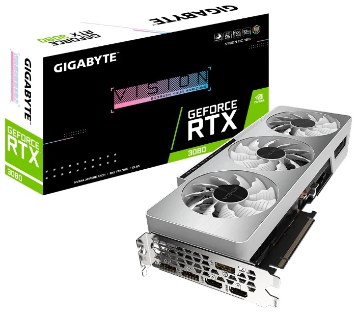 

Видеокарта GigaByte, GeForce RTX 3080 VISION OC 1800MHz PCI-E 4.0 10240MB 19000MHz 320 bit 2xHDMI 3xDisplayPort HDCP GV-N3080VISION OC-10GD