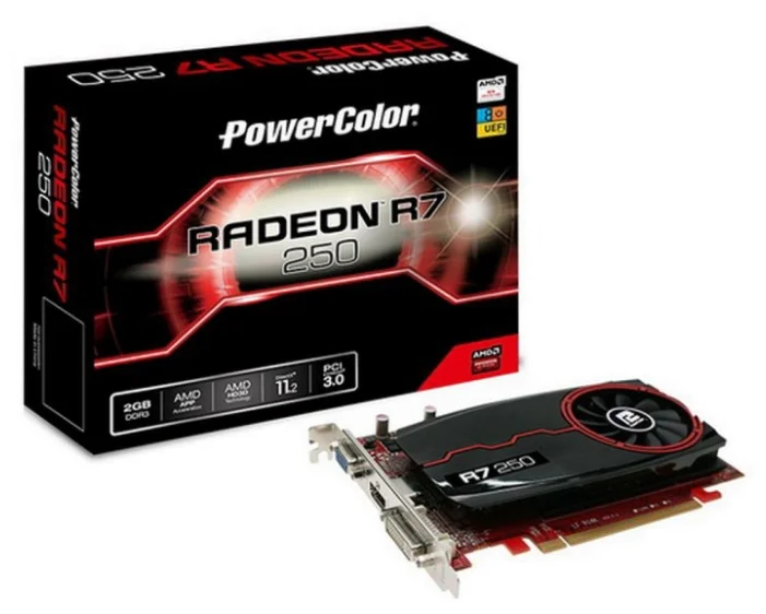 

Видеокарта PowerColor, Radeon RX 250 2GB 800Mhz PCI-E 3.0 2048Mb 1400Mhz 128 bit DVI HDMI DisplayPort VGA AXR7 250 2GBD3-DH
