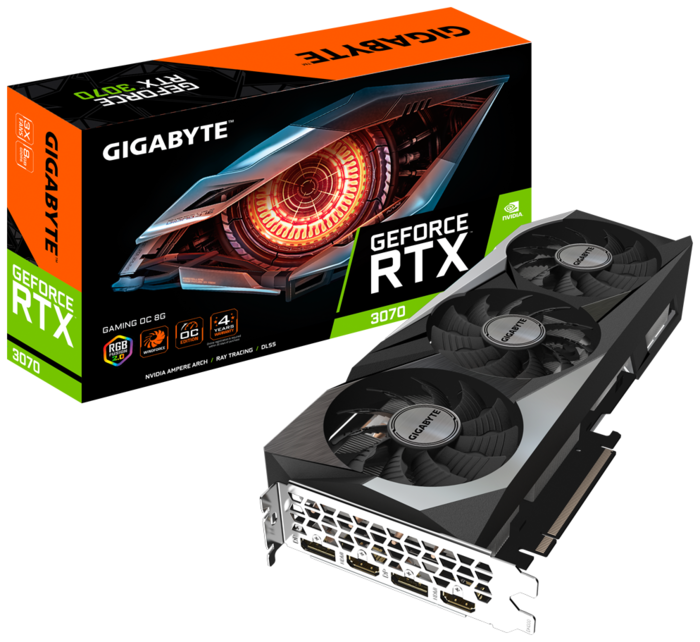

Видеокарта GigaByte, GeForce RTX 3070 GAMING OC 8G LHR 1815MHz PCI-E 4.0 8192MB 14000MHz 256 bit 2xHDMI 2xDisplayPort HDCP GV-N3070GAMING OC-8GD 2.0