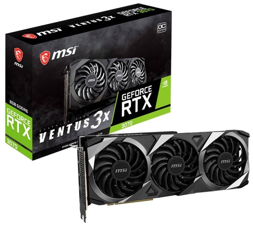 

Видеокарта MSI, GeForce RTX 3070 VENTUS 3X 8G LHR 1755MHz PCI-E 4.0 8192MB 14000MHz 256 bit HDMI 3xDisplayPort HDCP 3070 VENTUS 3X 8G OC LHR