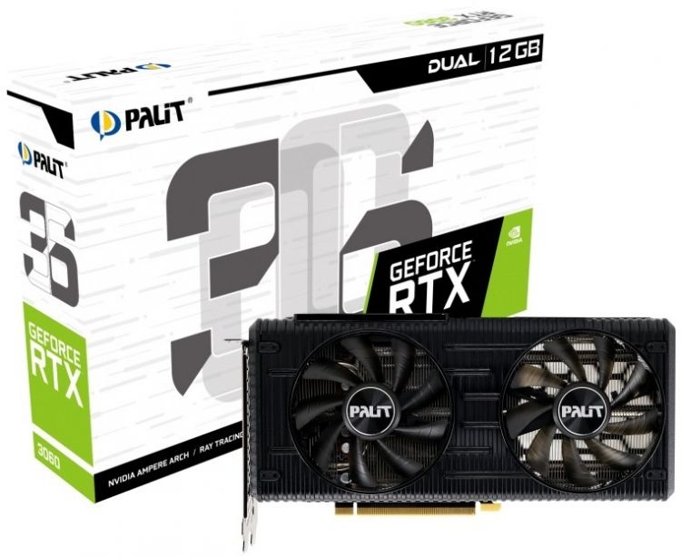 

Видеокарта Palit, GeForce RTX 3060 Dual LHR 1777MHz PCI-E 4.0 12288 MB 15000 MHz 192 bit HDMI DPx3 NE63060019K9-190AD