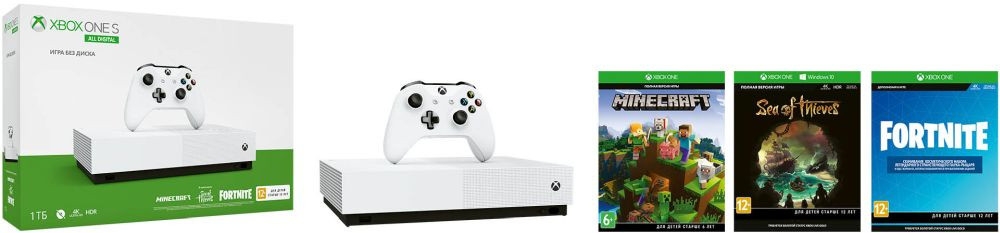 Microsoft Xbox One S 1Tb All Digital Edition Minecraft, Sea of Thieves, Fortnite