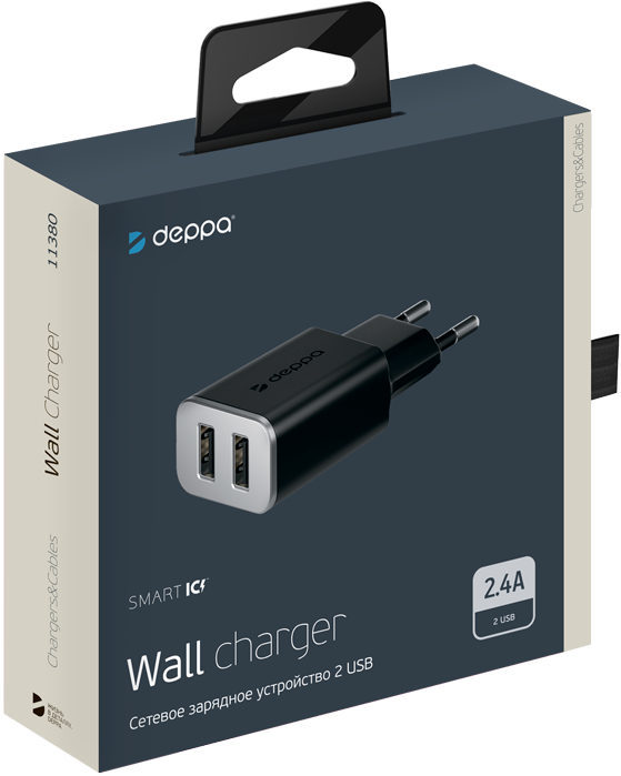 Deppa Сетевое зарядное устройство Wall charger 2USB, 2.4A