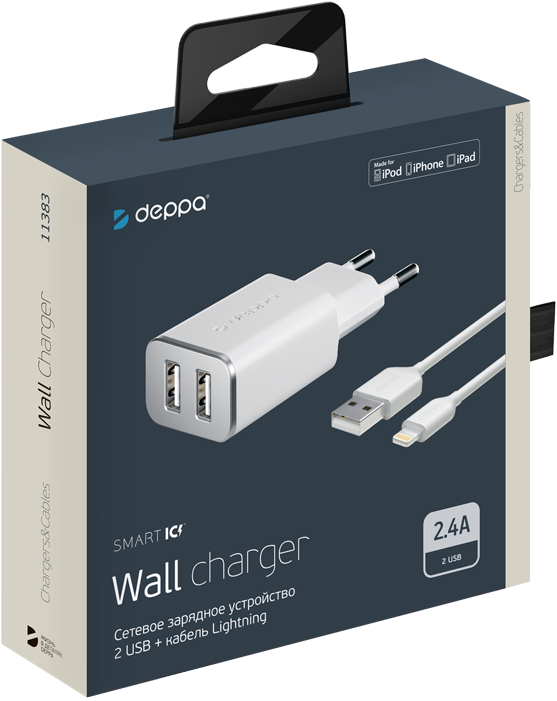 Deppa Сетевое зарядное устройство Wall charger 2USB + кабель 8-pin, MFI