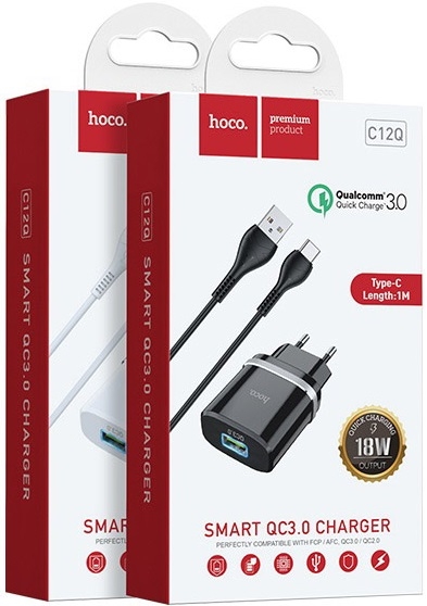 Hoco Сетевое зарядное устройство C12Q Smart QC3 USB + кабель USB Type-C, 3A
