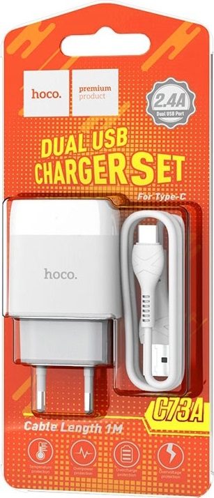 Hoco Сетевое зарядное устройство C73A Glorious 2USB + кабель USB Type-C, 2.4A