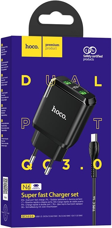 Hoco Сетевое зарядное устройство N6 Charmer QC3.0 2USB + кабель USB Type-C, 3A