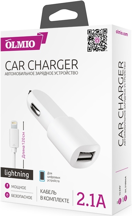 OLMIO Автомобильное зарядное устройство USB + кабель 8pin, 2.1A
