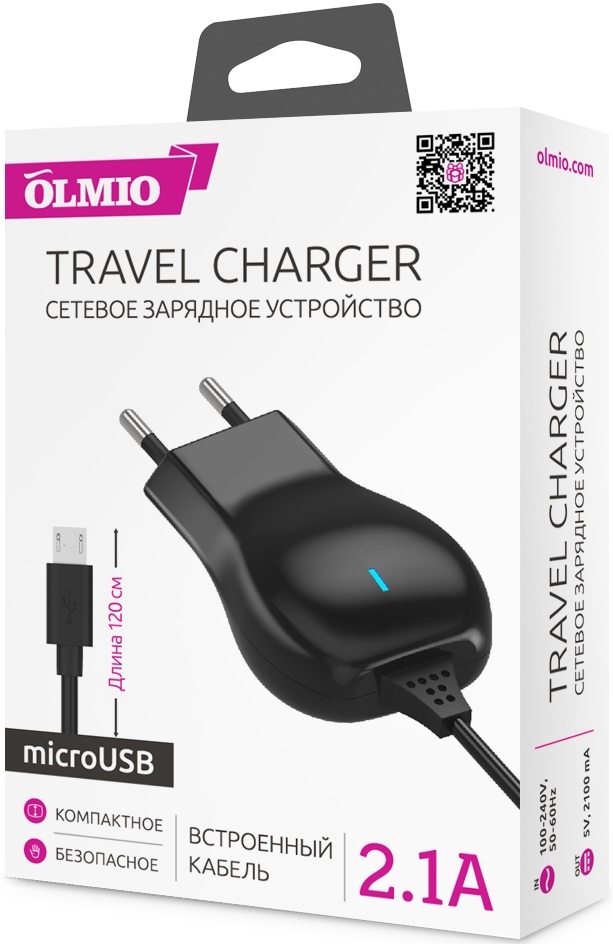 OLMIO Сетевое зарядное устройство MicroUSB, 2.1A