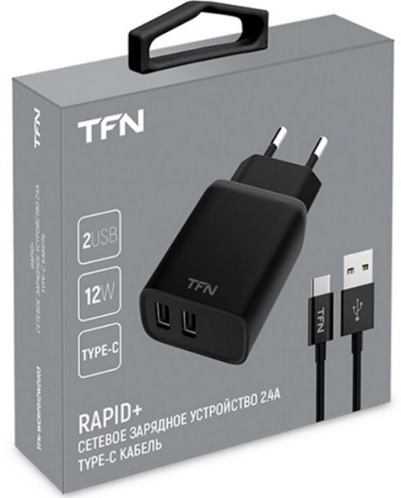 TFN Сетевое зарядное устройство Rapid 2USB + кабель Type-C, 2.4A