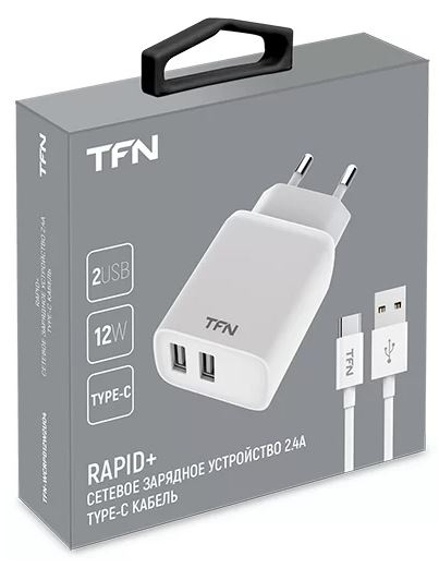 TFN Сетевое зарядное устройство Rapid 2USB + кабель Type-C, 2.4A