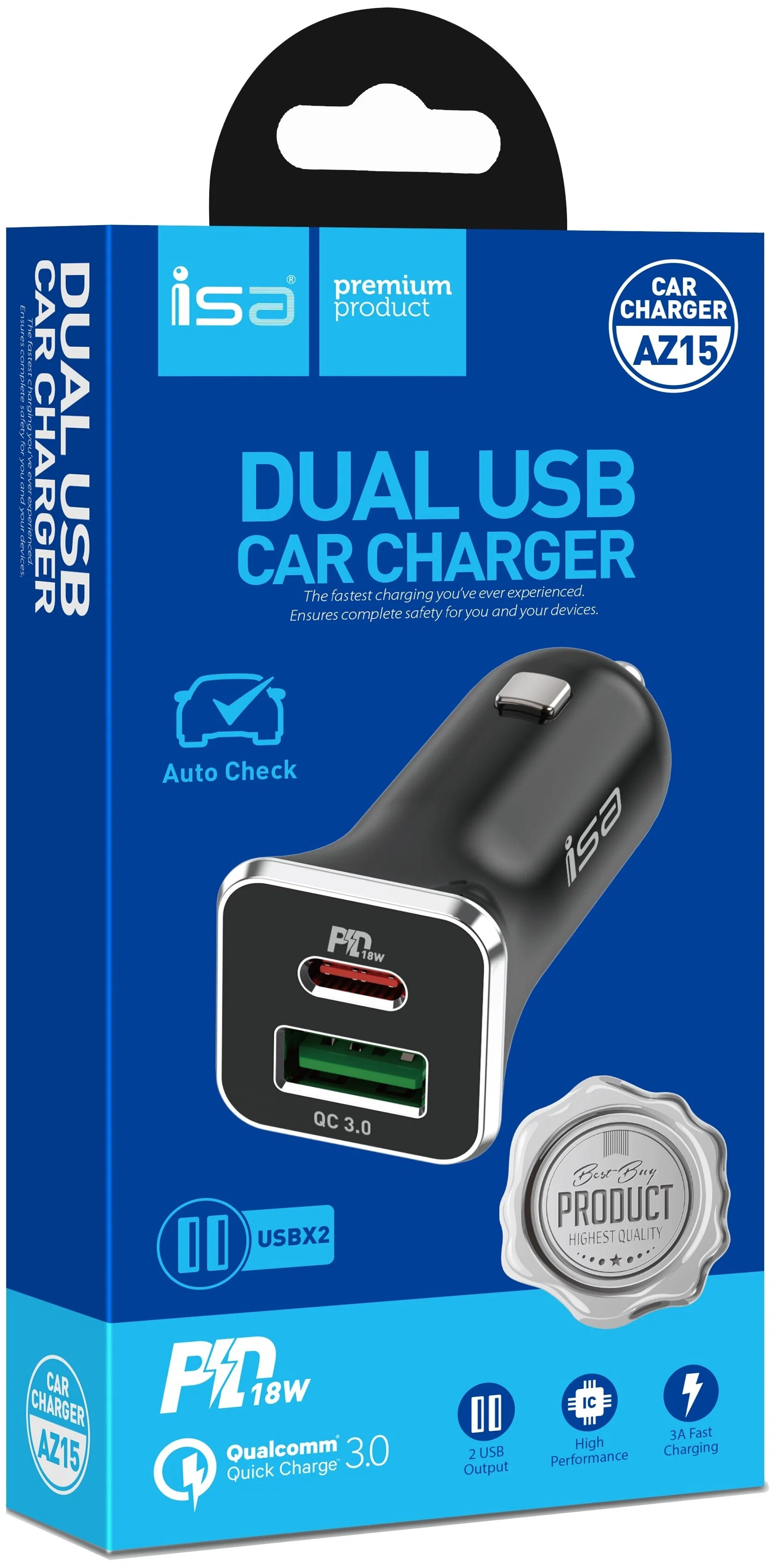Isa Автомобильное зарядное устройство USB Type-C + USB. QC 3.0, 18Вт AZ-15