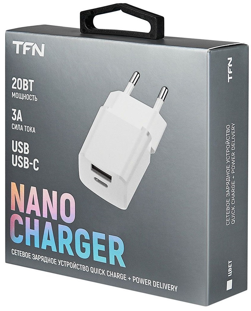 TFN Сетевое зарядное устройство Nano USB + Type, PD QC, 3A, 20W