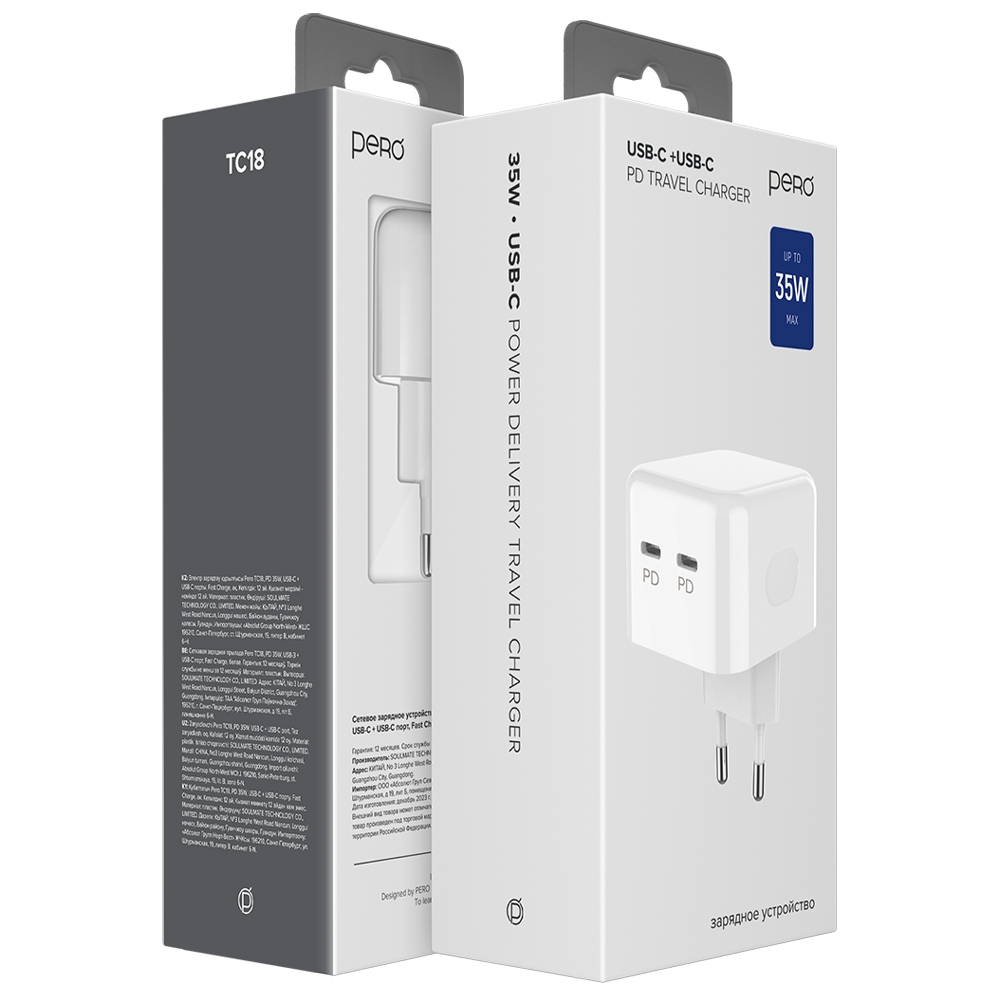 PERO Сетевое зарядное устройство TC18, 2xTYPE-C, 3.8A, PD 35W