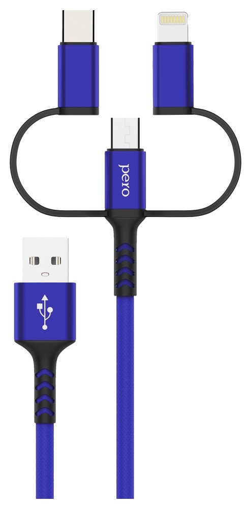 PERO Кабель DC06 Universal 3 in 1 (Lightning/micro USB/Type-C), 3А, 1м