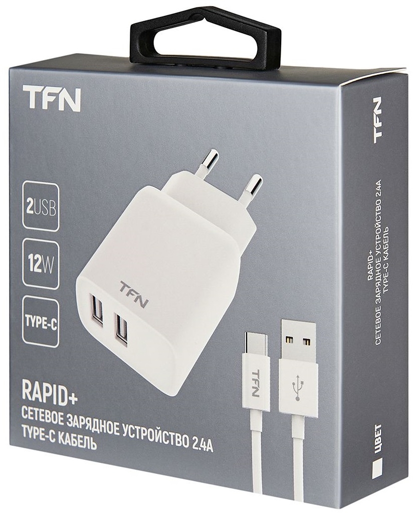 TFN Сетевое зарядное устройство RAPID, 2xUSB, 2.4A, 12W, кабель Type-C