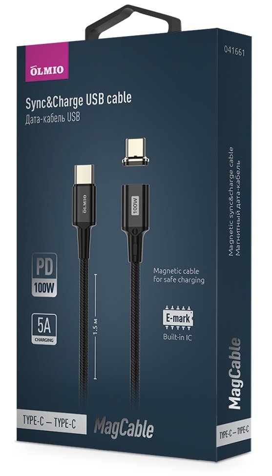 OLMIO Кабель PD100 MagCable, Type-C - Type-C, PD 100W, E-mark, USB2.0, 1.5м, магнитный