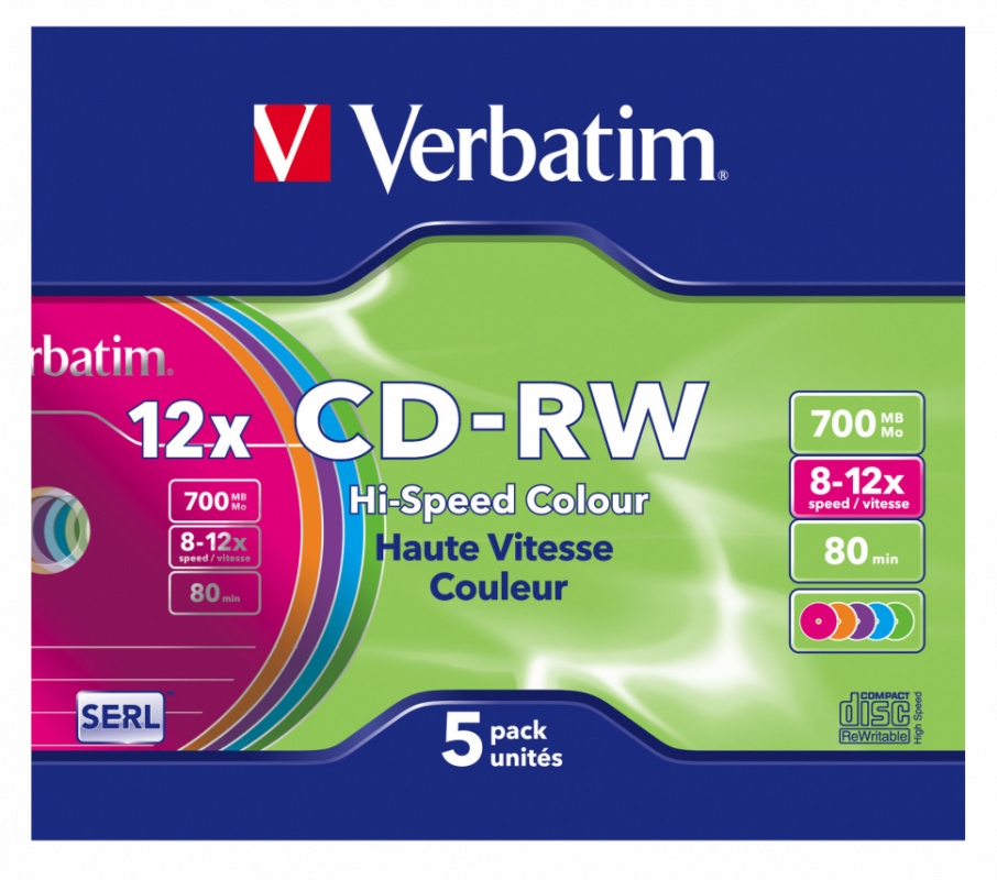 Verbatim Диски CD-RW 700Mb 12x SlimCase 5 шт Color, 43167