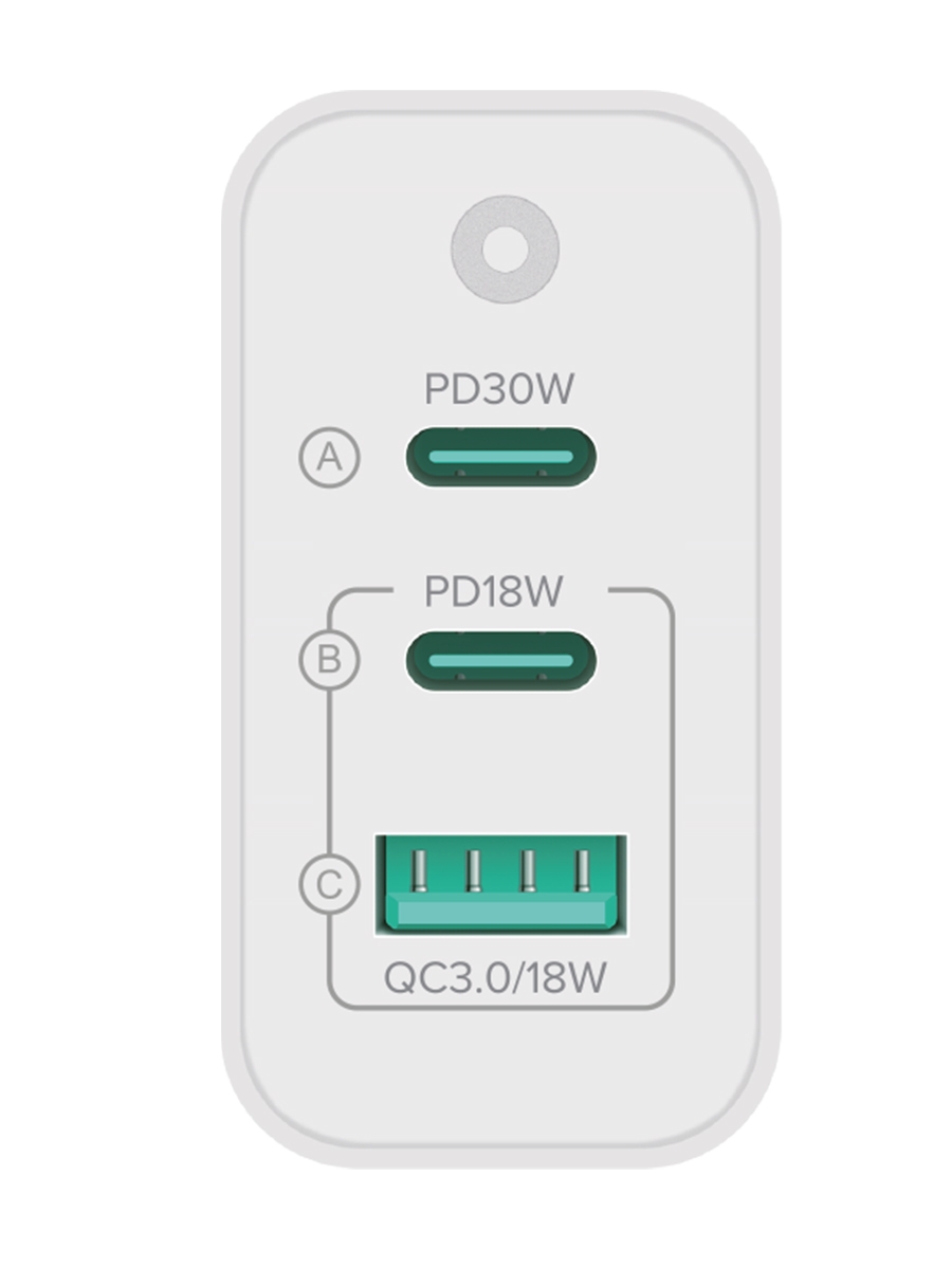 PERO Сетевое зарядное устройство TC14, USB-A QC 3.0 + 2USB-C PD, 48W