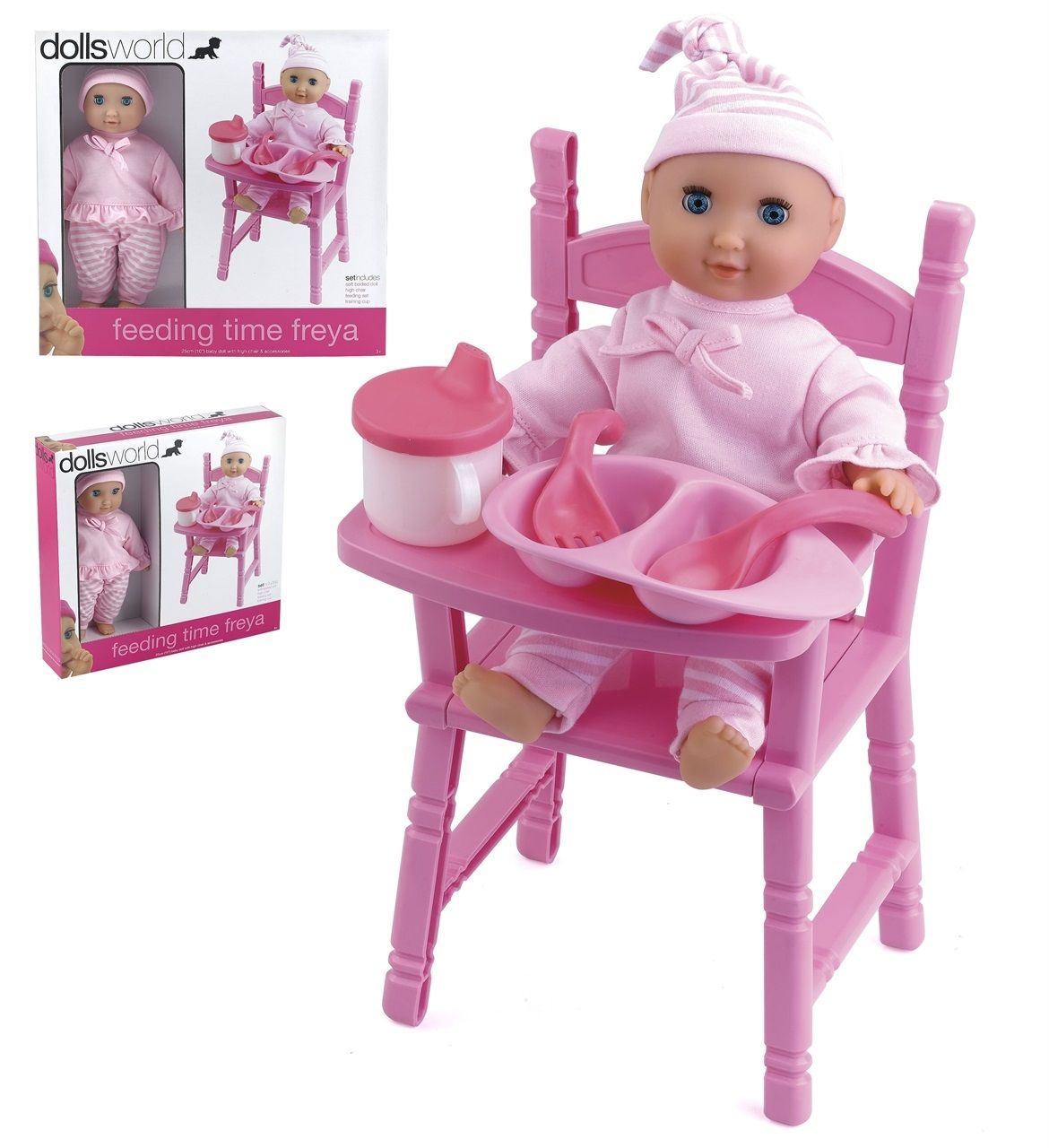 Dolls World  Пупс "Фрея" 25 см. мягкая с аксессуарами:стул,чашка,миска,ложка,вилка 