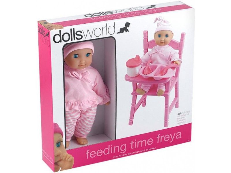 Dolls World  Пупс "Фрея" 25 см. мягкая с аксессуарами:стул,чашка,миска,ложка,вилка 