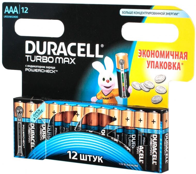 Duracell Батарейки AAА Turbo Max, 12 шт. (LR03-MX2400 12BL)