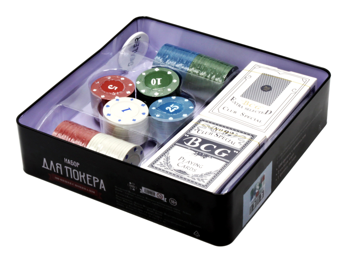 Фабрика Покера Набор из 100 фишек с номиналом для покера с картами в жестяной коробке