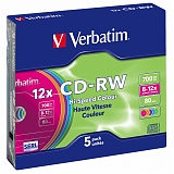 Verbatim Диски CD-RW 700Mb 12x SlimCase 5 шт Color, 43167