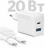 Anker Сетевое зарядное устройство 312 USB-A + USB-C, 20W + кабель Type-C